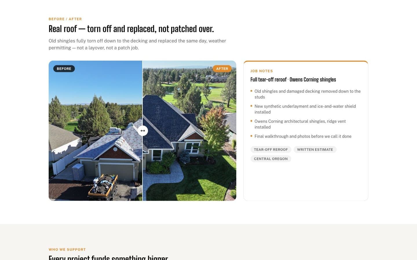 Before and after slider of a full tear-off reroof on the Elevation website