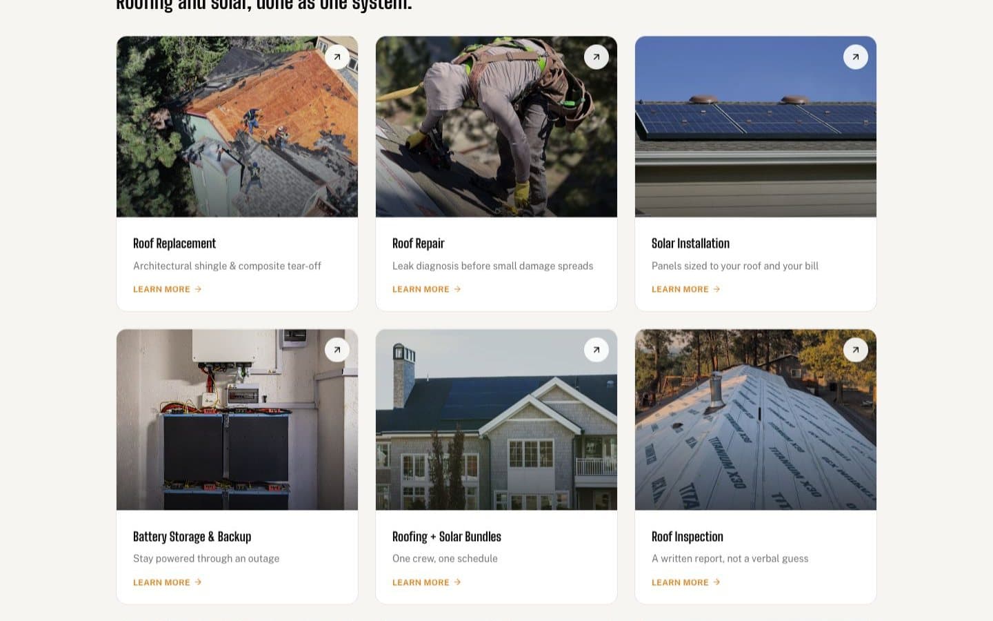 Service cards on the Elevation Roofing & Solar website, each with a photo of the job